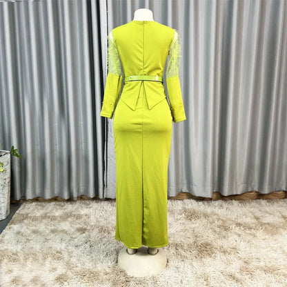 Robe longue africaine à col en v, ornée de strass, manches en maille à bulles, ajustée à la taille, fente latérale, offre spéciale