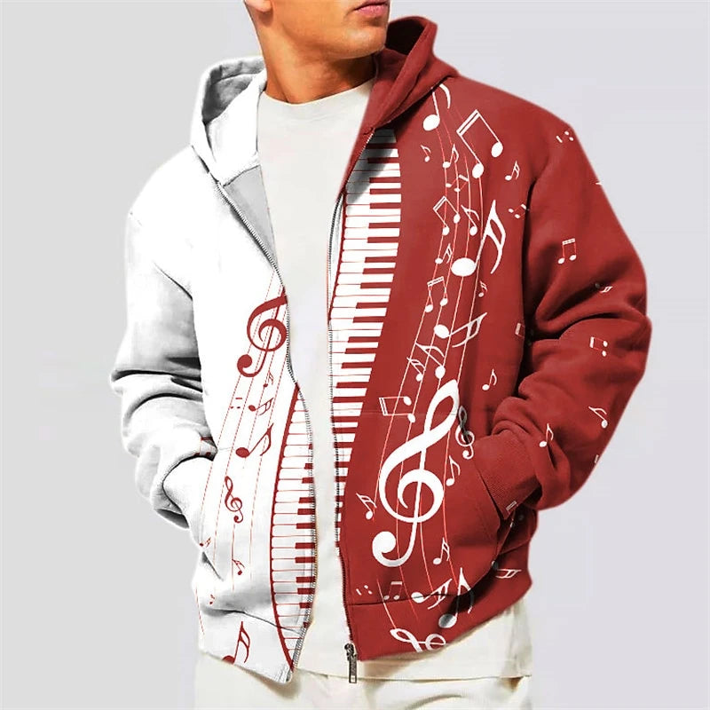 Sweat à capuche zippé imprimé notes de musique 3D, sweat-shirt décontracté, motif piano prédire, tendance de la mode, automne, adt Harajuku
