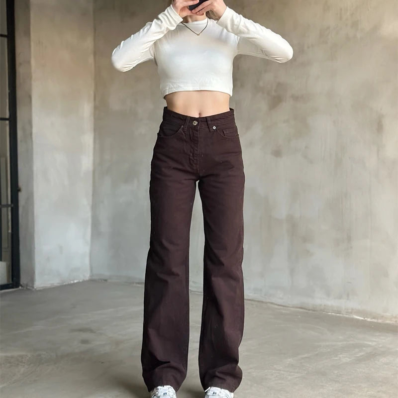 TRAF femmes jean marron taille haute poche Vintage Baggy jean femme pantalons longs décontractés printemps pantalon Streetwear été 2025