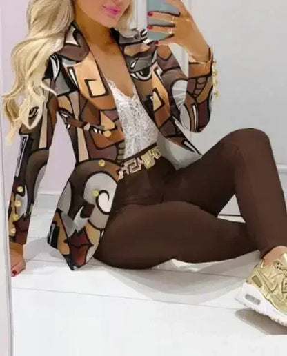 Ensemble Blazer et pantalon à col à revers imprimé à carreaux pour femmes, 2 pièces, vêtements, costume, pantalon, mode printemps-automne décontractée