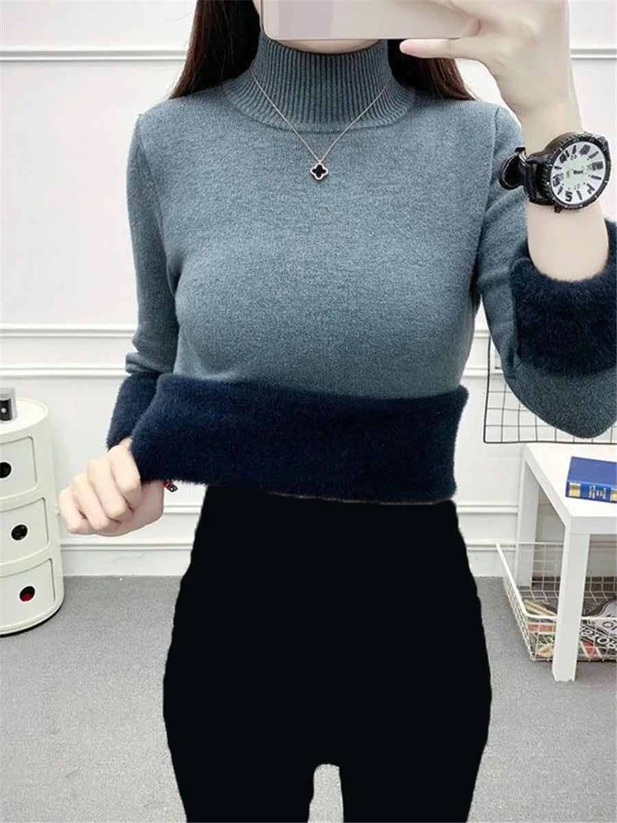 Pull Slim à Demi-Col Roulé pour Femme, Tricot Doublé de Velours, Chaud, Épais, en Jersey Doux, Collection Hiver