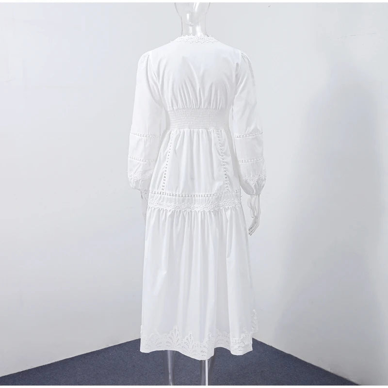 Robe longue en dentelle ajourée pour femmes, élégante, couleur unie, col en v, Patchwork, manches bouffantes, moulante, nouvelle collection printemps 2025