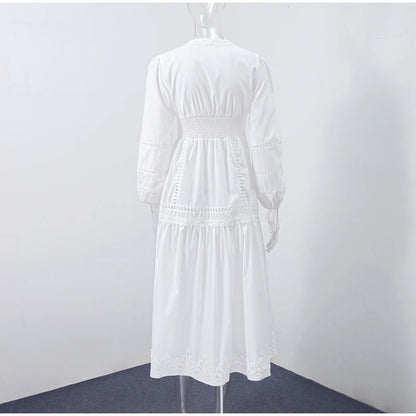 Robe longue en dentelle ajourée pour femmes, élégante, couleur unie, col en v, Patchwork, manches bouffantes, moulante, nouvelle collection printemps 2025