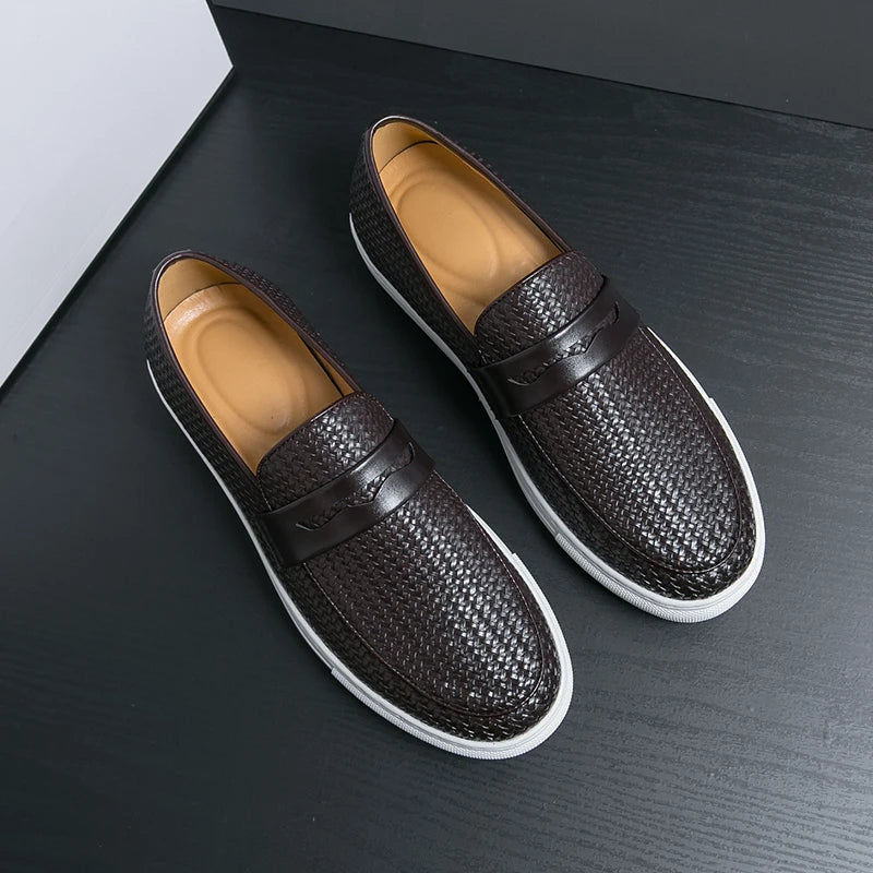 Mode sans lacet mocassins hommes chaussures conseil doux chaussures en cuir décontracté hommes baskets fête tissage modèle chaussures pour homme plat gratuit
