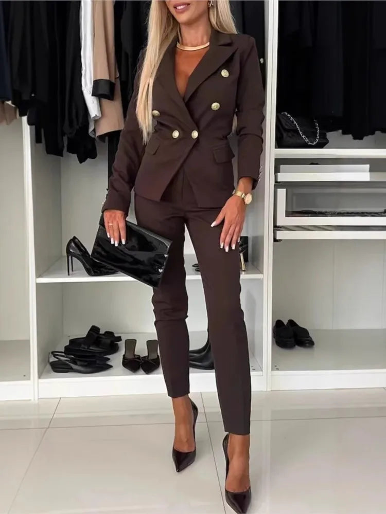 Mode Double boutonnage à manches longues costume ensemble femmes nouveau automne hiver coupe ajustée petite jambe pantalons longs femme bureau 2 pièces ensemble