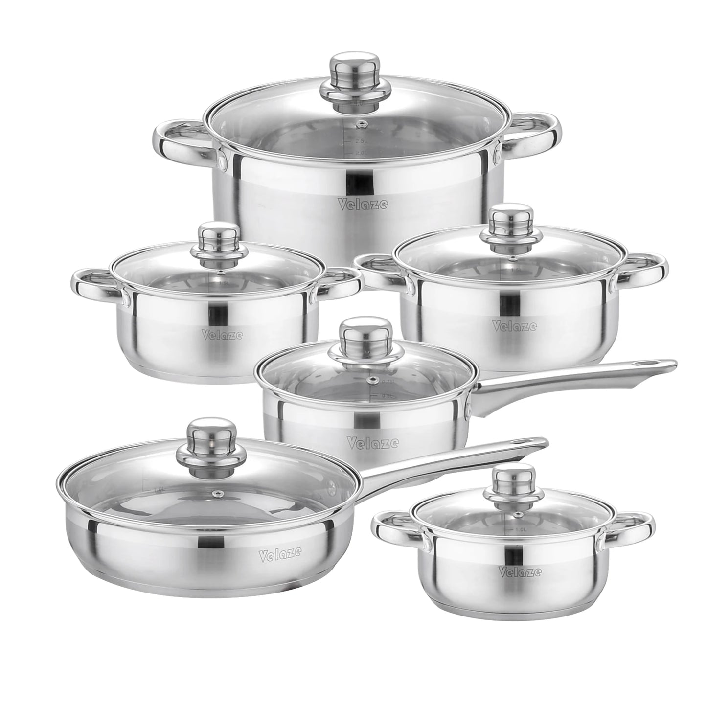 Velaze – ensemble d'ustensiles de cuisine, ensemble de 12 pièces, casseroles et poêles en acier inoxydable, sans danger pour l'induction, casserole, Casserole, avec couvercle en verre