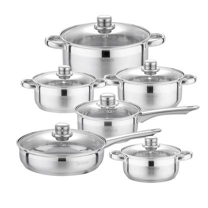 Velaze – ensemble d'ustensiles de cuisine, ensemble de 12 pièces, casseroles et poêles en acier inoxydable, sans danger pour l'induction, casserole, Casserole, avec couvercle en verre