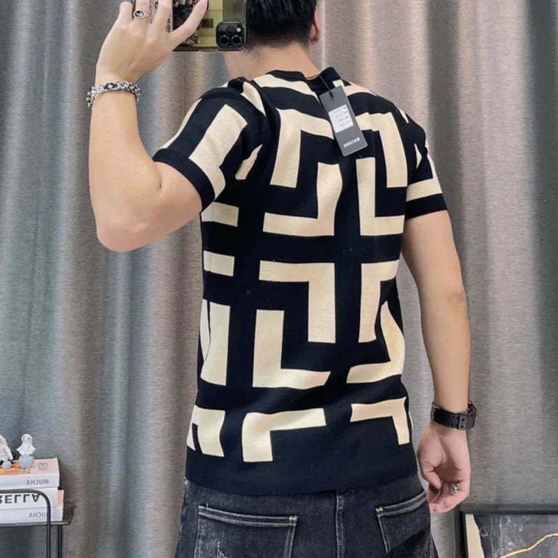 Polo BS été nouveaux hommes mince Vintage à manches courtes tricot t-shirt rayé imprimé col rond graphique t-shirts pour hommes Camiseta Masculina