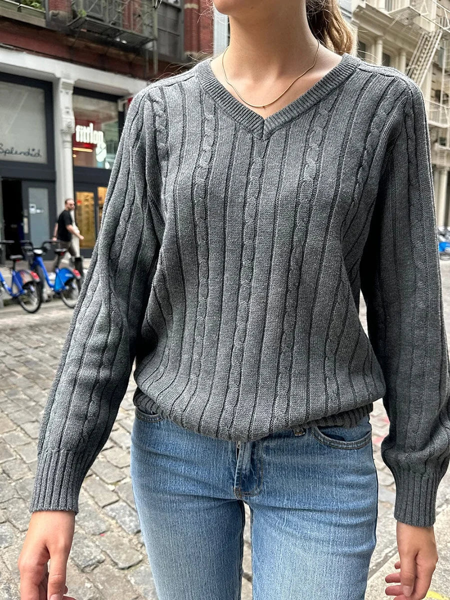 Pull Vintage à fleurs torsadées pour femme, col en V, manches longues, Style Preppy, décontracté, Streetwear, haut Chic, automne
