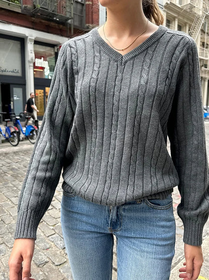 Pull Vintage à fleurs torsadées pour femme, col en V, manches longues, Style Preppy, décontracté, Streetwear, haut Chic, automne