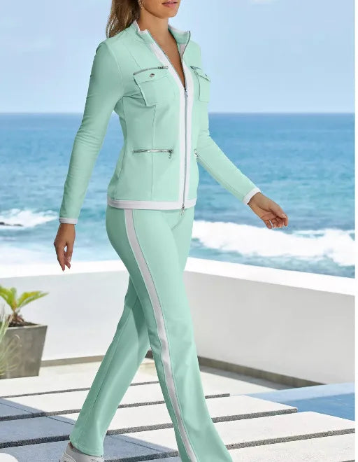 Ensemble deux pièces décontracté pour femmes, nouvelle mode, couleur unie, élégant, Slim, Simple, fermeture éclair, haut, pantalon de survêtement droit, automne et hiver