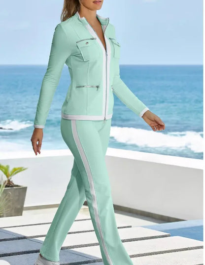 Ensemble deux pièces décontracté pour femmes, nouvelle mode, couleur unie, élégant, Slim, Simple, fermeture éclair, haut, pantalon de survêtement droit, automne et hiver