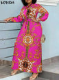 VONDA Robe Maxi 2024 été femmes bohème imprimé fête Robe d'été à manches longues col montant Robe décontractée vacances robes ceinturée