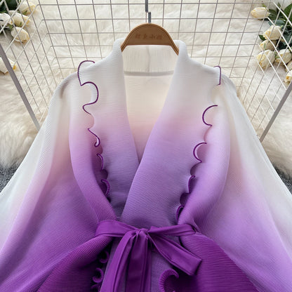 Miyake pli changement progressif couleur bord ondulé costume soleil jupe plissée à la mode et élégant deux pièces ensembles tenues pour femmes