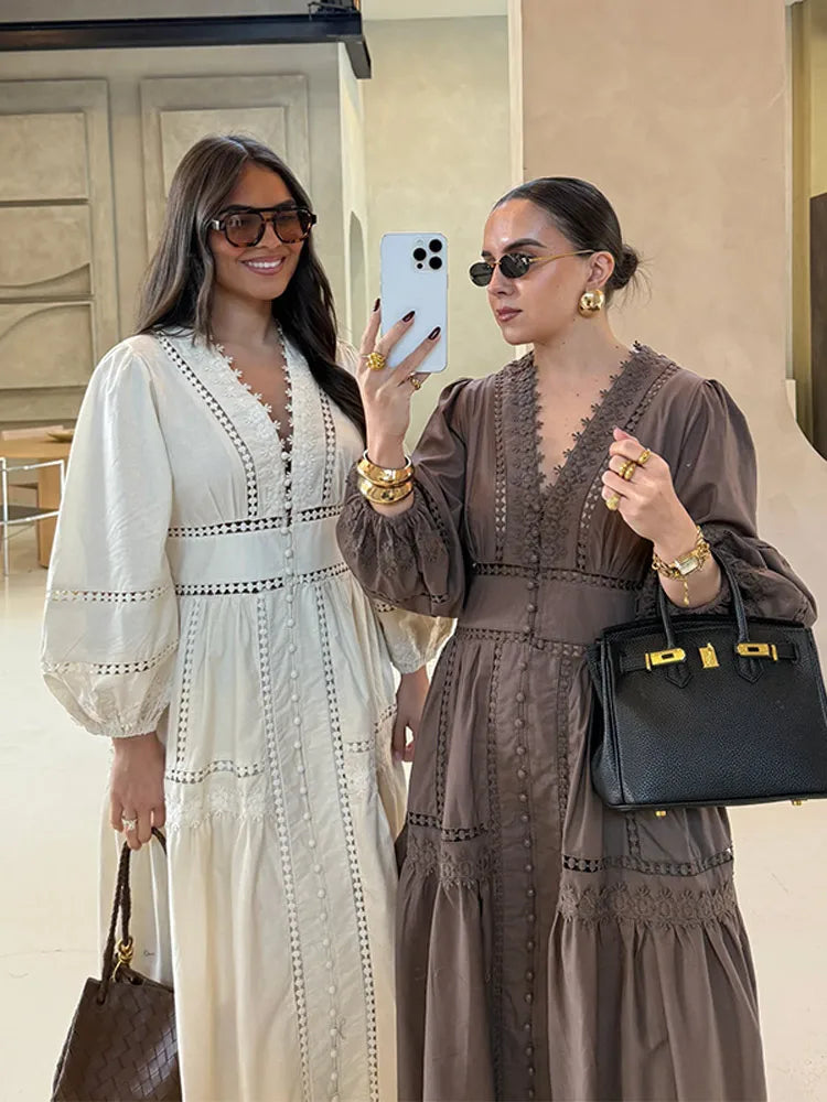 Robe longue en dentelle ajourée pour femmes, élégante, couleur unie, col en v, Patchwork, manches bouffantes, moulante, nouvelle collection printemps 2025