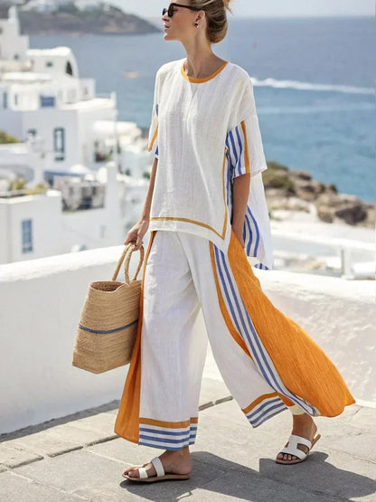 2025 nouvelle rayure femmes mode décontracté ensemble de 2 pièces été haut ample élégant solide bureau vacances pantalon costume femmes vêtements