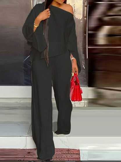 Ensemble Deux Pièces Élégant pour Femme, Couleur Unie, Manches Évasées, Sexy, Blouse, Haut + Pantalon à Jambes Larges, Costumes à la Mode, Automne