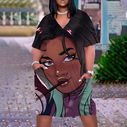 Robe d'été imprimée portrait 3D pour femmes, mode bohème, manches courtes, midi, col en v, vêtements de plage, vintage