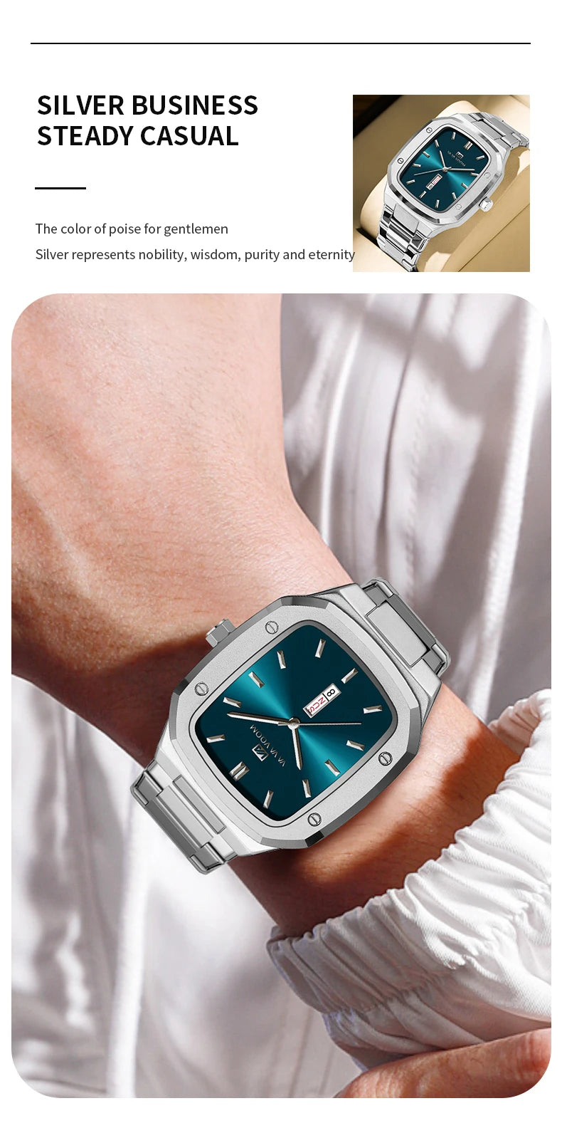 2024 Nouveaux hommes montre mode carré bracelet en acier inoxydable bleu or 3Bar Quartz semaine calendrier simulé affaires sport montre-bracelet