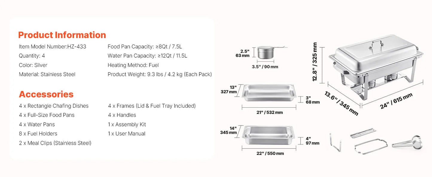 SucceBuy Lot de 4 buffet à réchaud de 8 Qt, chafer en acier inoxydable avec 2 poêles pleine taille et 4 demi-taille, serveur chauffant pour restauration