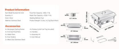 SucceBuy Lot de 4 buffet à réchaud de 8 Qt, chafer en acier inoxydable avec 2 poêles pleine taille et 4 demi-taille, serveur chauffant pour restauration