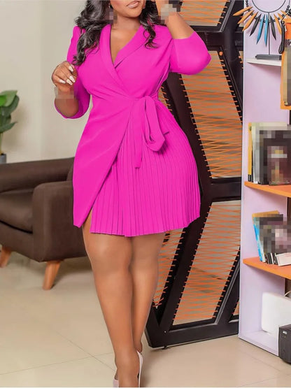 Robe plissée pour femmes, grande taille, col plissé, style blazer, bureau, vintage, sexy, ceinture, fête, serrée, courbée, courte