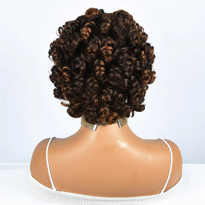 Hairugo-Perruque de Cheveux Humains Bouclés Coupe Pixie à Reflets, Sans Colle, avec Frange Entièrement Fabriquée à la Machine