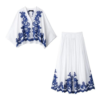 TRAFZA – ensemble 2 pièces pour femmes, chemise ample à simple boutonnage brodée bleue + jupe de rue plissée ample taille haute Chic