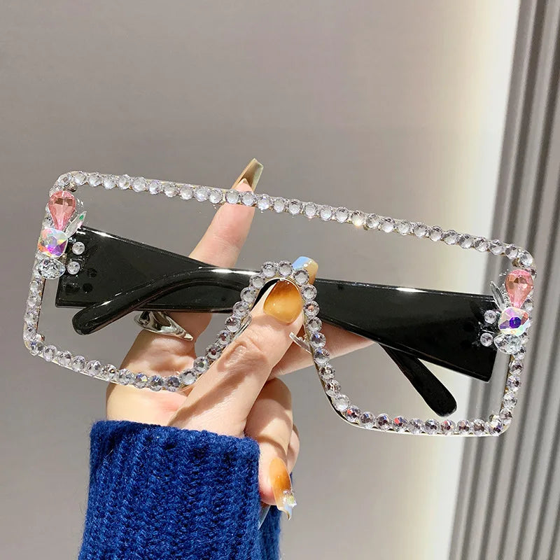 Lunettes de soleil une pièce pour femmes, grande monture rectangulaire incrustée de diamants, avec diamants d'eau
