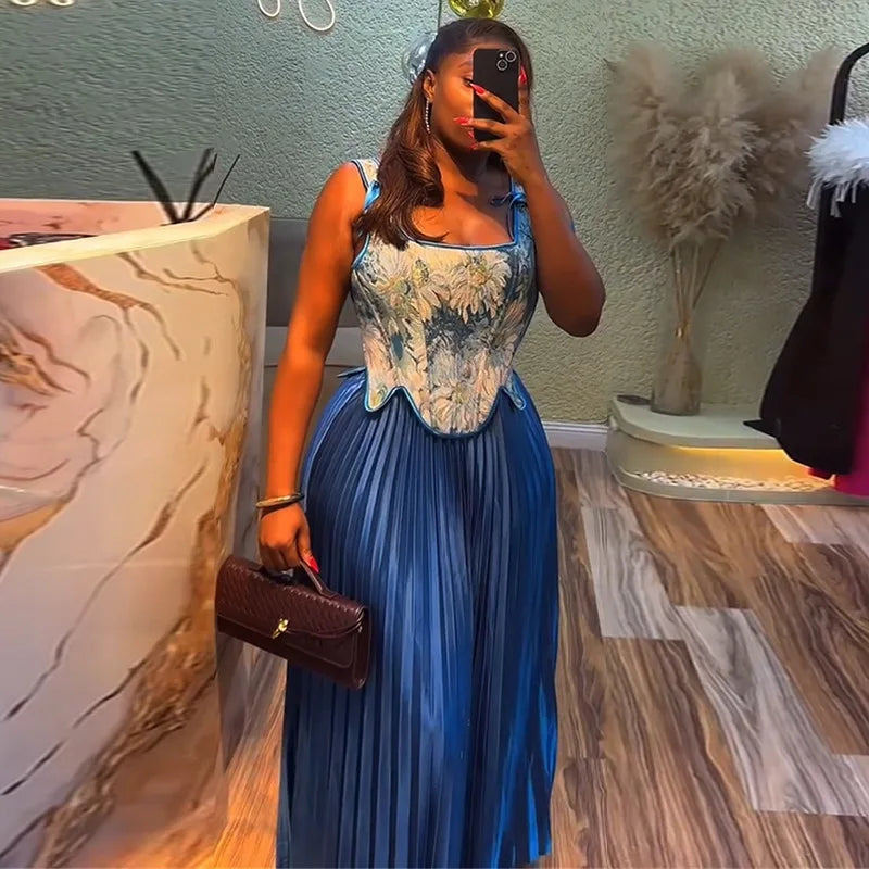 CM.YAYA ensemble femme imprimé fleuri taille cintrée gilet + jupes longues plissées costume 2025 fête soirée rue deux 2 pièces ensemble tenue