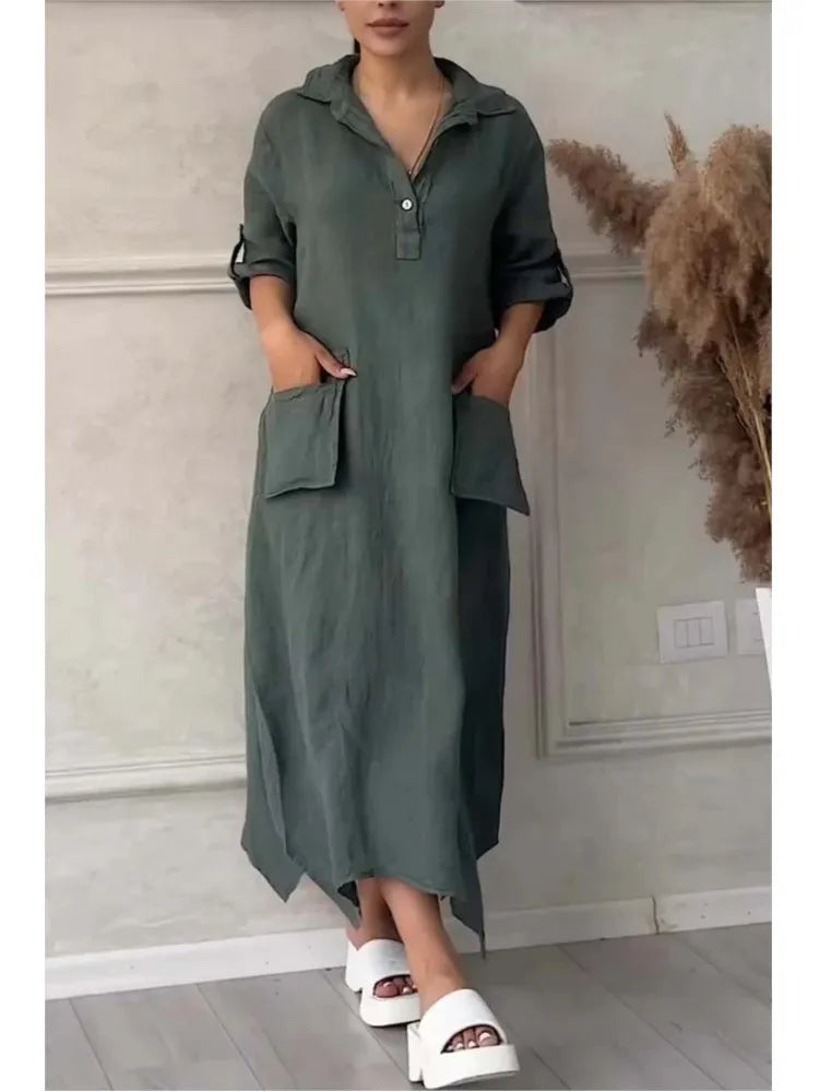 Robe longue en lin à manches longues pour femmes, robe maxi blanche avec poches, élégante, mode décontractée, été, 2024