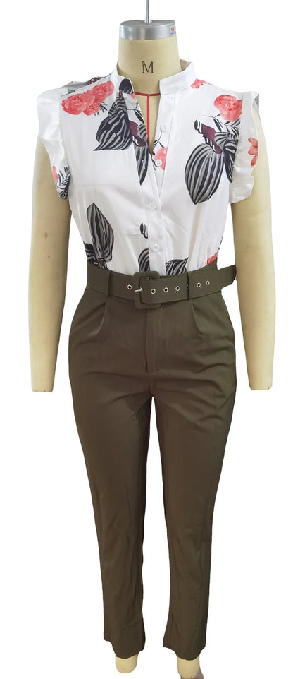 Ensemble deux pièces pour femmes, imprimé floral, manches feuille de Lotus, pantalon taille haute, ceinture, col en v, costume de travail, été