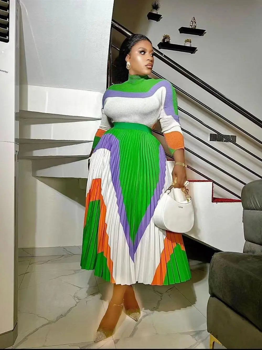 Ensemble haut et jupe plissée à manches longues et col mi-haut assortis, document d'impression ATA Yake, coupe couvertes, été, nouveau, 2024, 2 pièces