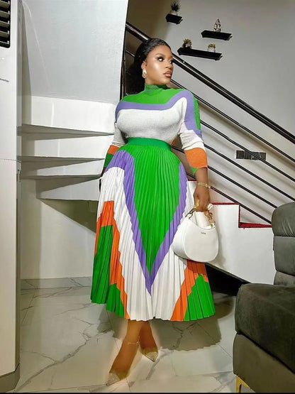 Ensemble haut et jupe plissée à manches longues et col mi-haut assortis, document d'impression ATA Yake, coupe couvertes, été, nouveau, 2024, 2 pièces