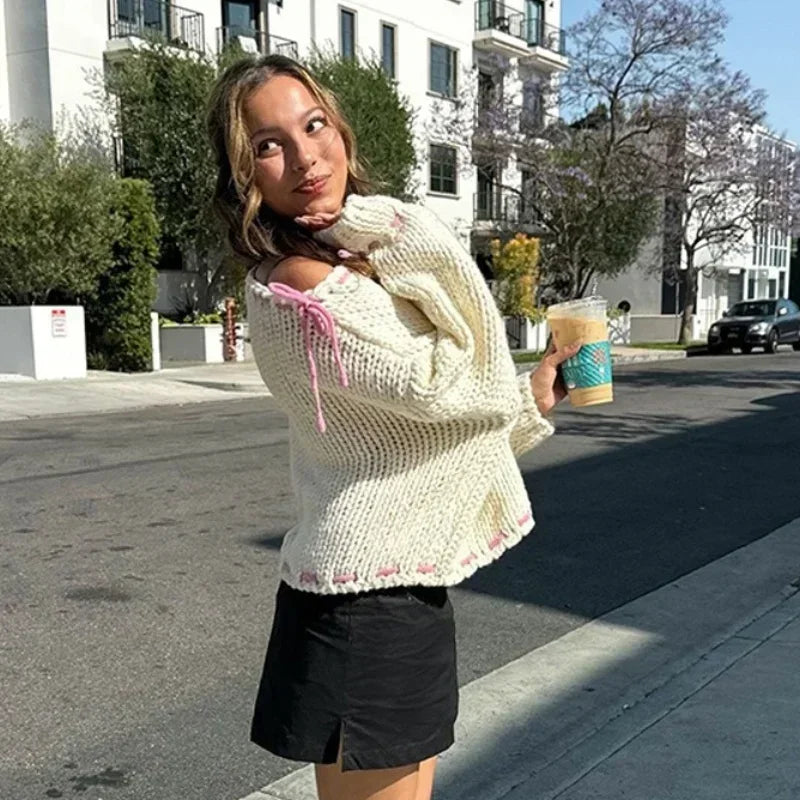 Pull tricoté à lacets pour femme, pull à manches longues, ample, à la mode, Y2K, nouvelle collection automne hiver 2024