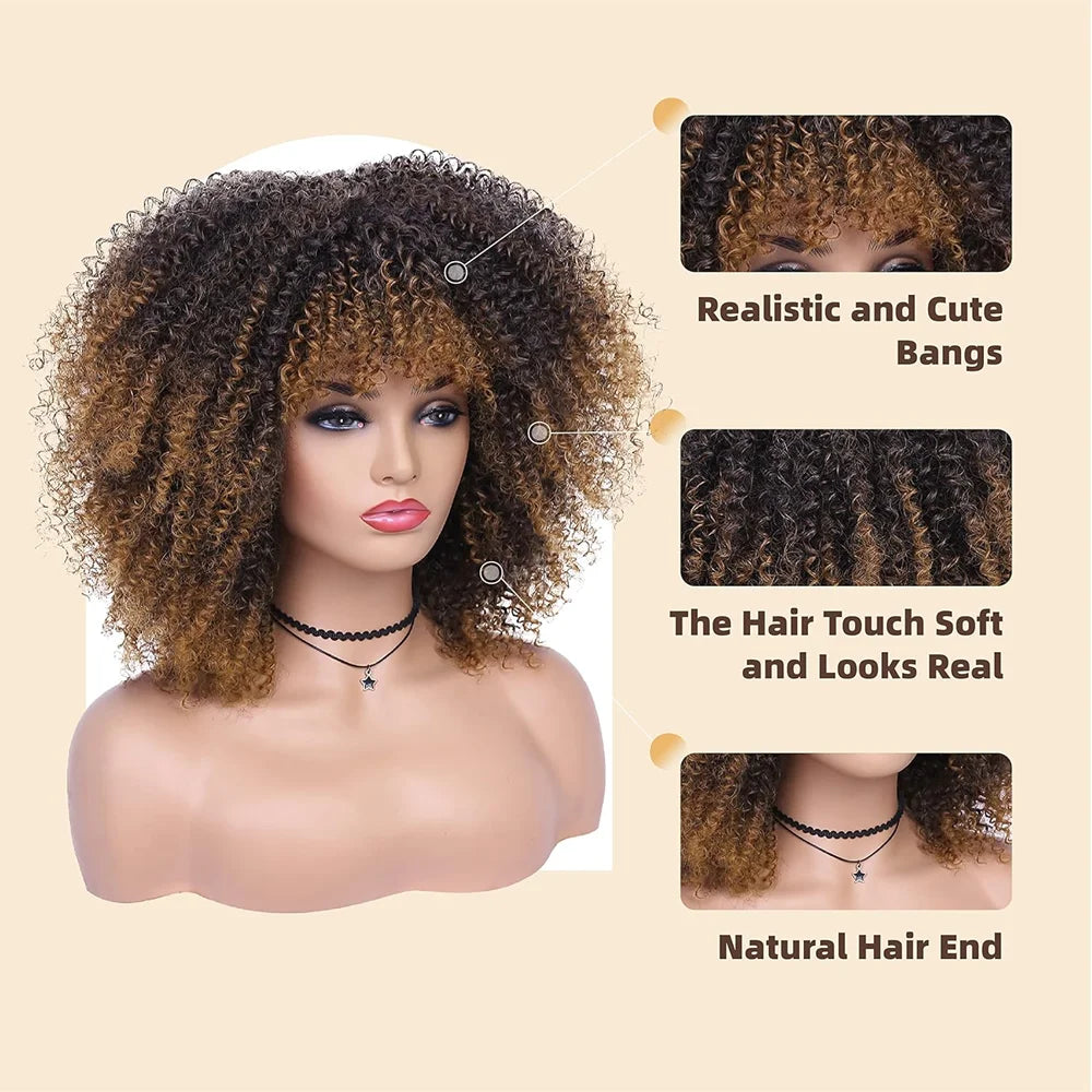 Perruques afro bouclées pour femmes noires, perruque bouclée crépue avec frange, perruque courte bouclée Bob, cheveux synthétiques d'apparence naturelle, noir et brun, 16 po