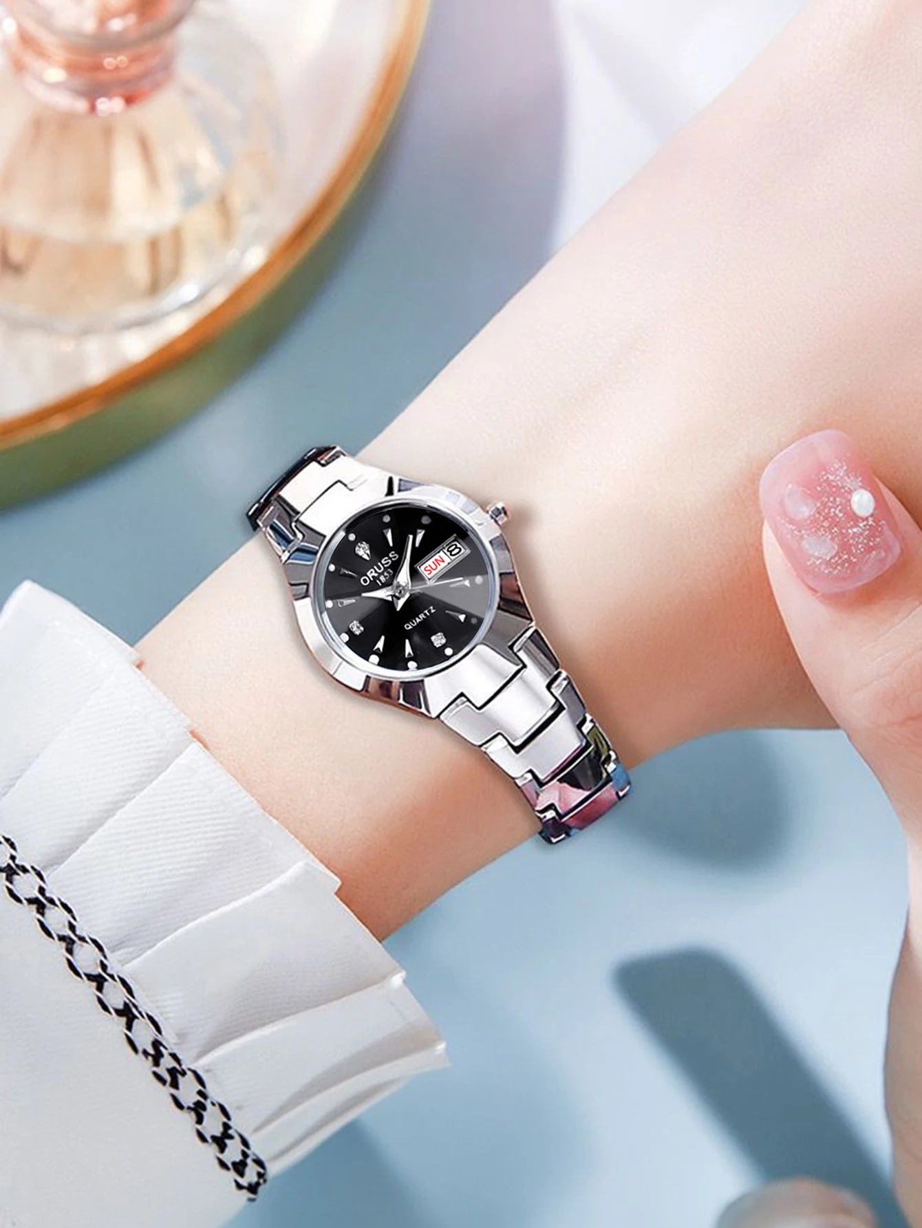 ORUSS-Montre de couple étanche pour hommes et femmes, quartz, acier inoxydable, date, semaine, horloge, cadeau pour amoureux, mode décontractée