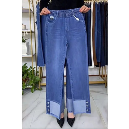 Jean femme d'âge moyen printemps automne taille extensible pantalon en Denim droit grande taille ample taille haute décontractée noir bleu pantalon