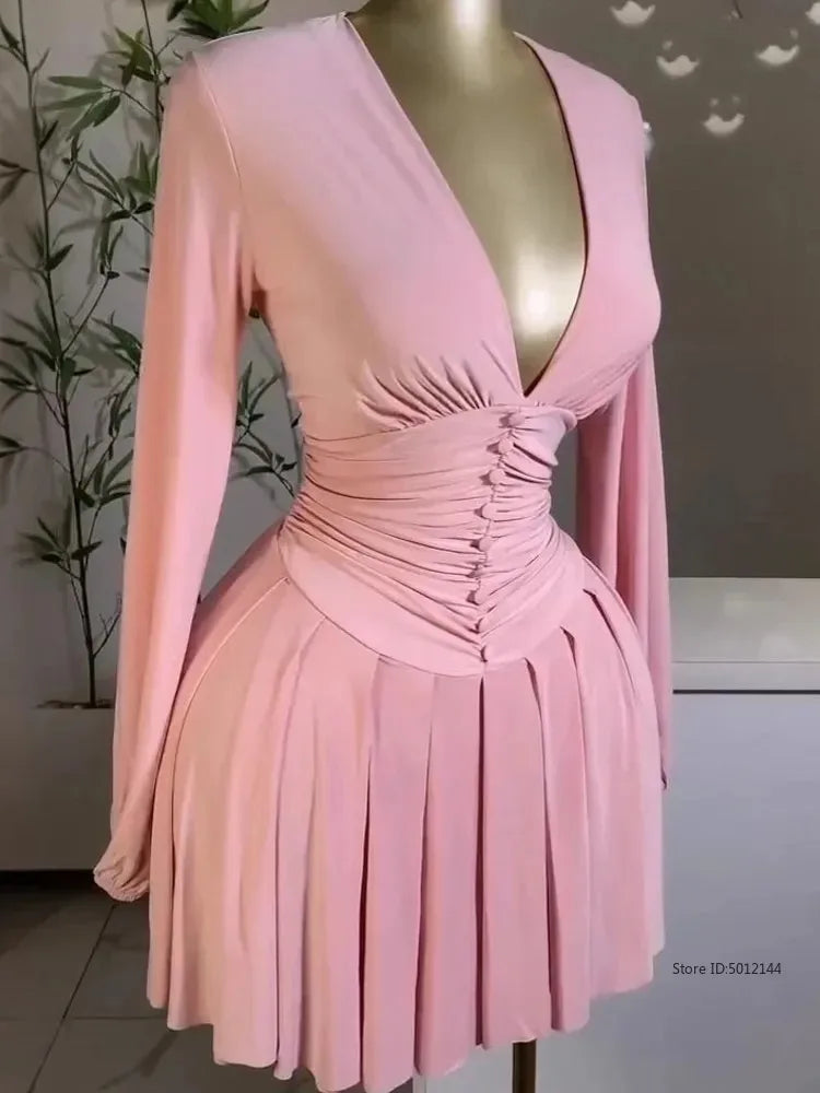 Mini robe de soirée pour femmes, nouvelle collection printemps/été 2021, décontractée, Sexy, plongeante, froncée, manches lanternes, boutons, jupe courte trapèze quotidienne