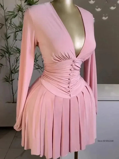 Mini robe de soirée pour femmes, nouvelle collection printemps/été 2021, décontractée, Sexy, plongeante, froncée, manches lanternes, boutons, jupe courte trapèze quotidienne