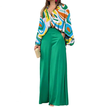 Ensemble Chemise et Pantalon à Revers pour Femme, Tenue Simple, Imprimé Feuilles, Manches sulf, Taille Haute, Jambes Larges, Tenue de Bureau, Tenue de Salon, 2 Pièces/Ensemble