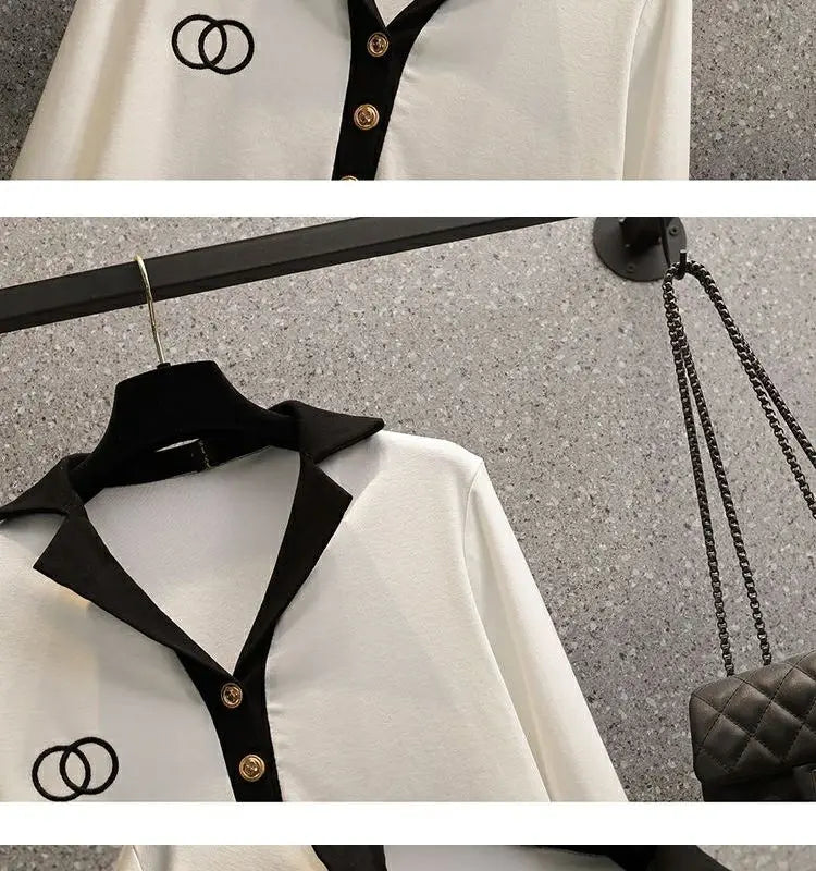 Ensemble deux pièces pour femmes, chemise à manches longues et col Polo, décontracté, Patchwork, jambes larges, nouvelle collection automne 2024