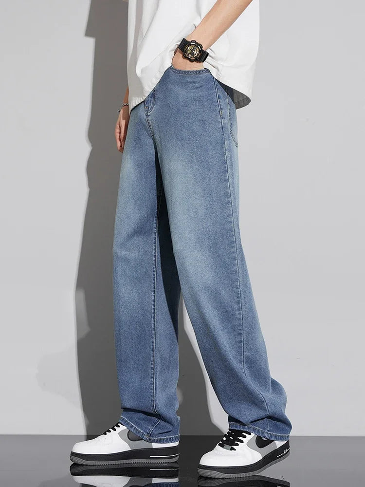 Jean Baggy d'été pour hommes, Baggy, drapé doux, ample, confortable, jambes larges, pantalon en soie glacée, rétro, élastique, décontracté, Denim