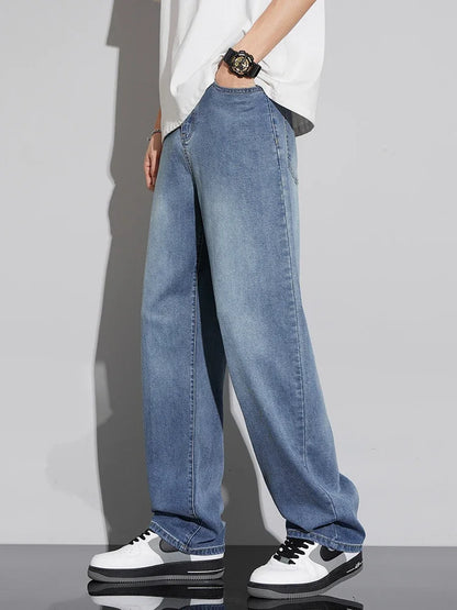 Jean Baggy d'été pour hommes, Baggy, drapé doux, ample, confortable, jambes larges, pantalon en soie glacée, rétro, élastique, décontracté, Denim