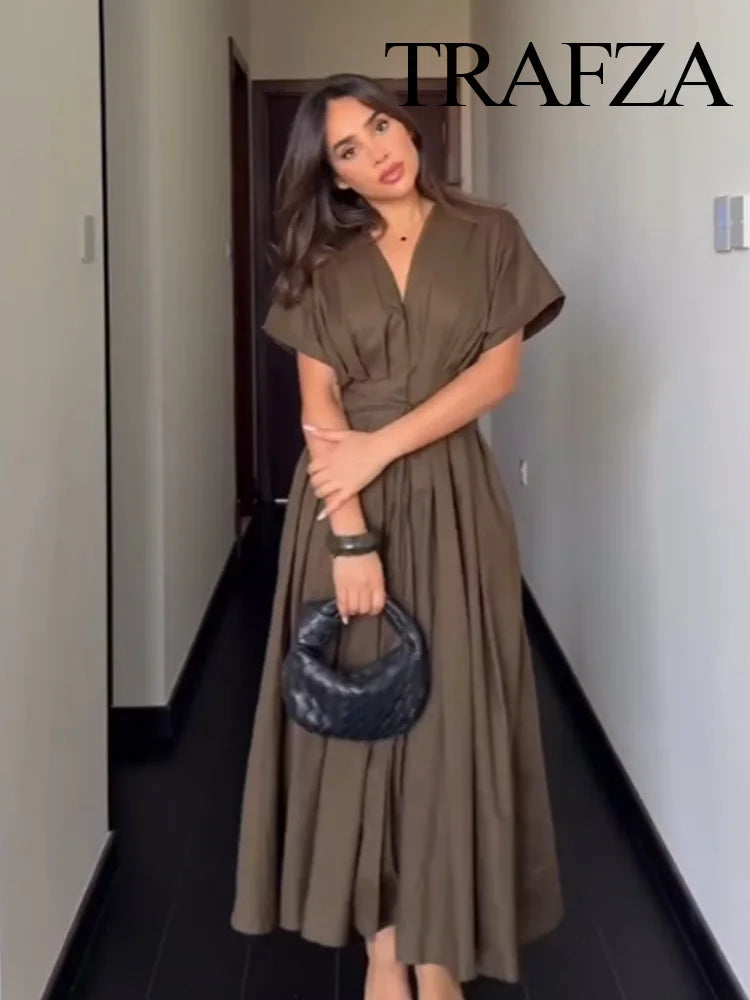 TRAFZA femmes mode d'été col en v à lacets Midi robe à manches courtes femme élégante dos nu plissé Sexy taille longue robe