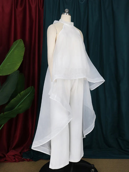 Ensemble 2 pièces en mousseline de soie pour femme, blouse longue, dos nu, pantalon blanc, jambes larges, fête, vacances, plage, été