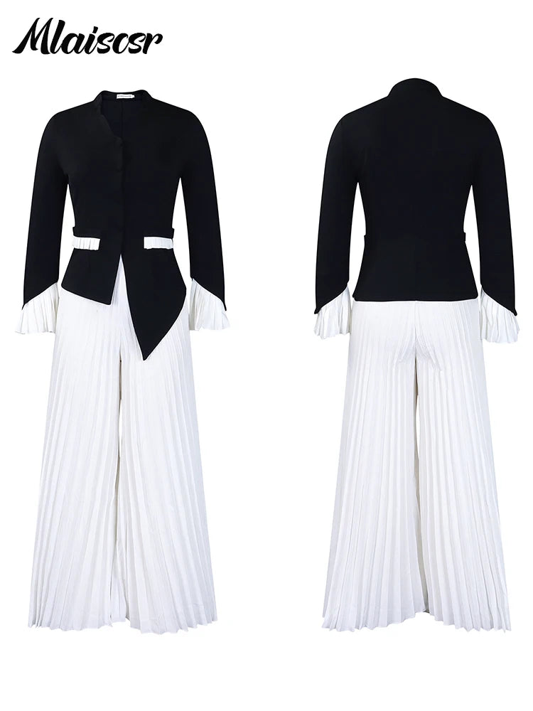Mlaiscsr manches évasées bouton Blazer chemise hauts et pantalons à jambes larges plissés 2 deux pièces ensembles femmes élégant bureau dames tenues