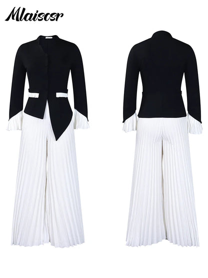 Mlaiscsr manches évasées bouton Blazer chemise hauts et pantalons à jambes larges plissés 2 deux pièces ensembles femmes élégant bureau dames tenues
