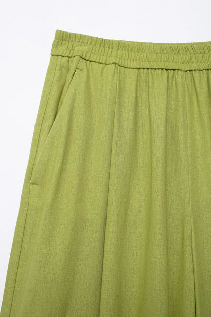 TRAFZA 2024 femmes 2 pièces ensemble taille élastique poche plis décorer pantalon à jambes larges + solide simple boutonnage fente ourlet Blouse haut