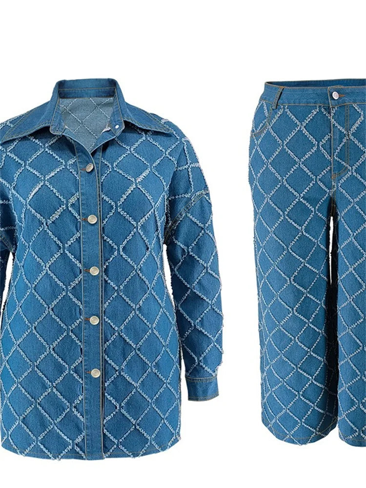 Wmstar grande taille Denim deux pièces ensembles femmes automne vêtements imprimer à manches longues hauts pantalons nouveaux costumes assortis en gros Dropshopping